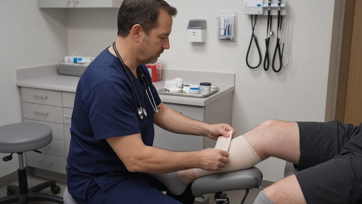 A clinician wraps a compression bandage on an adult patient's calf.