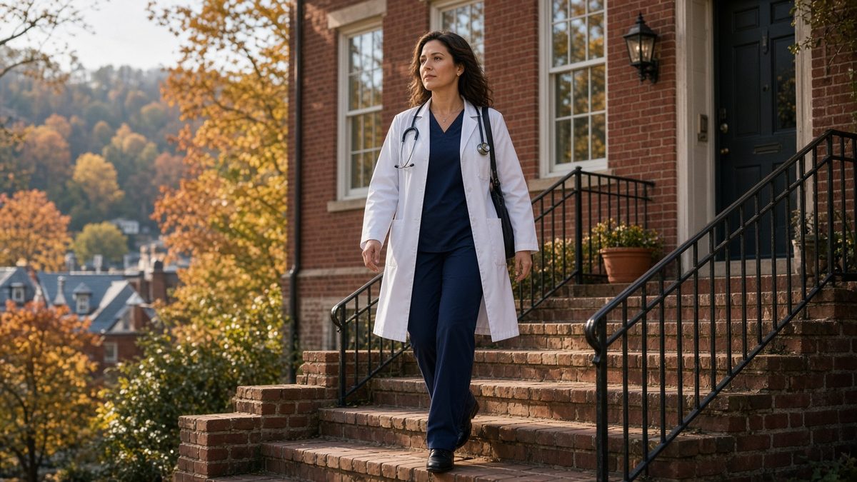 A physician descends brick clinic exterior steps in autumn light.