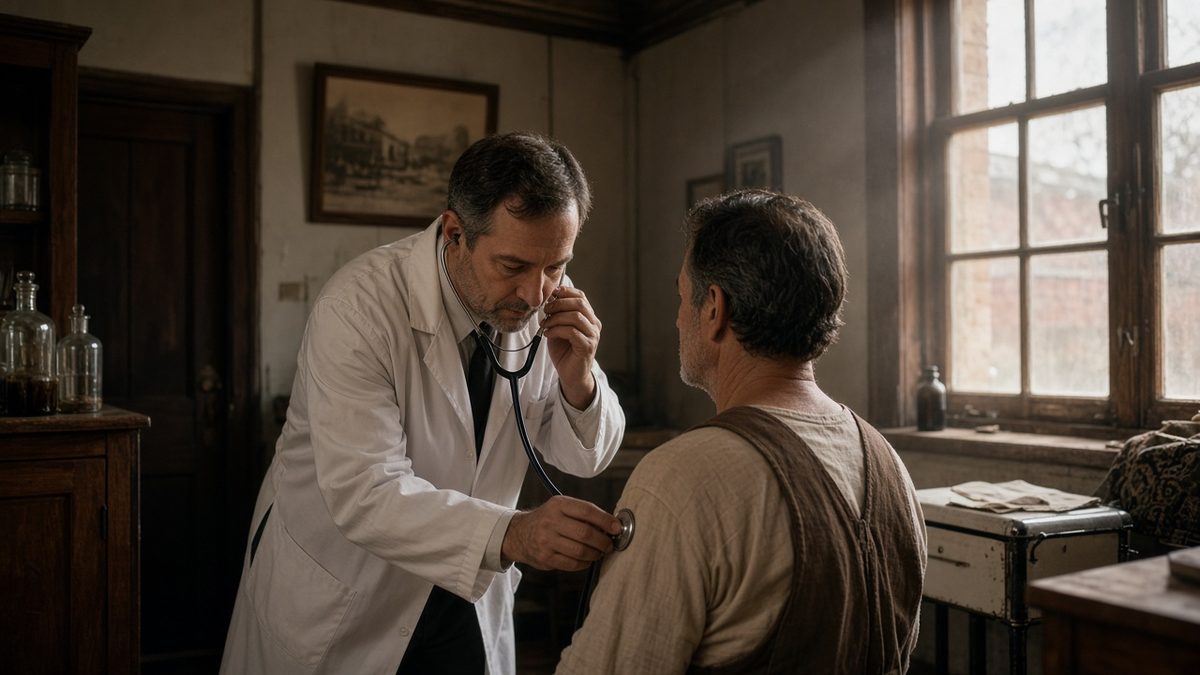 A doctor listens to a patient's heart in a narrow historic clinic room.