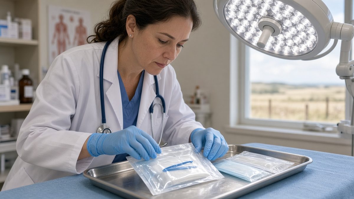 A doctor inspects sealed suture kits on a tray under a surgical lamp.
