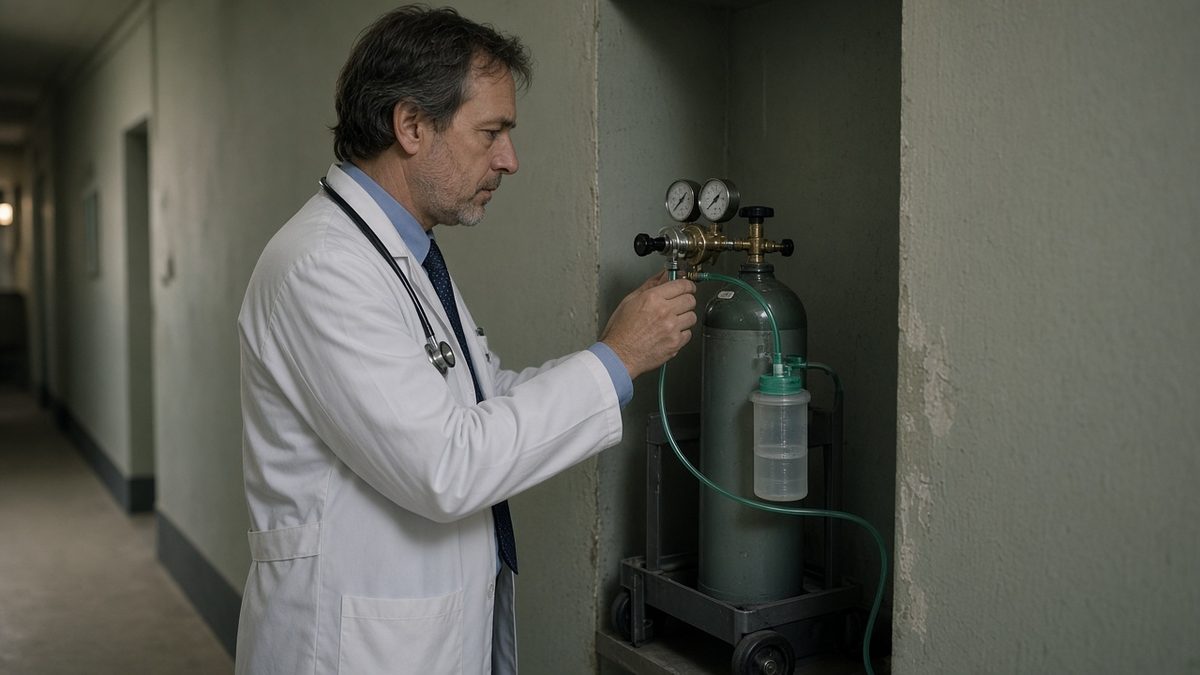 A physician checks oxygen tank gauges on a portable O2 cart.