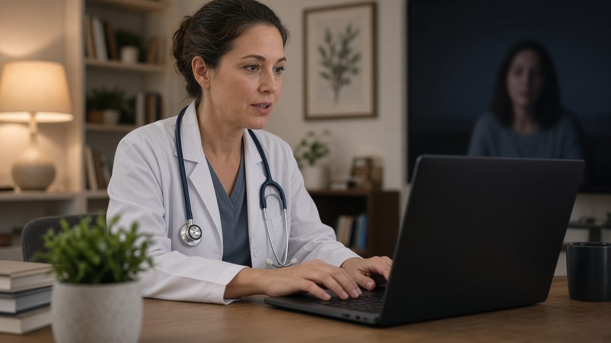 A doctor looks up from a blank laptop toward a muted telehealth screen.