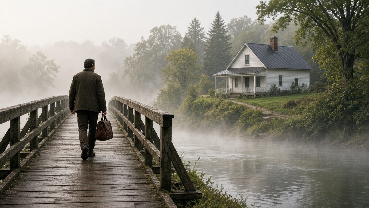 A rural doctor crosses a wooden bridge toward a river-bluff clinic.