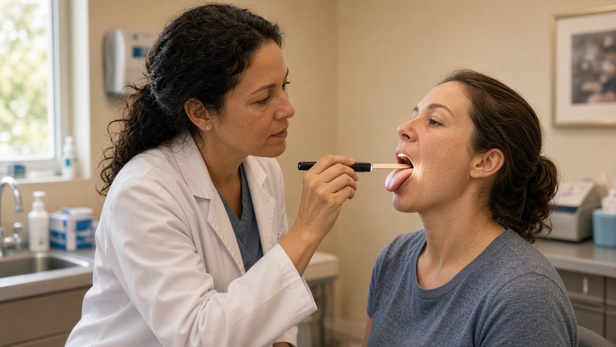A clinician examines a patient's throat with a tongue depressor and penlight.