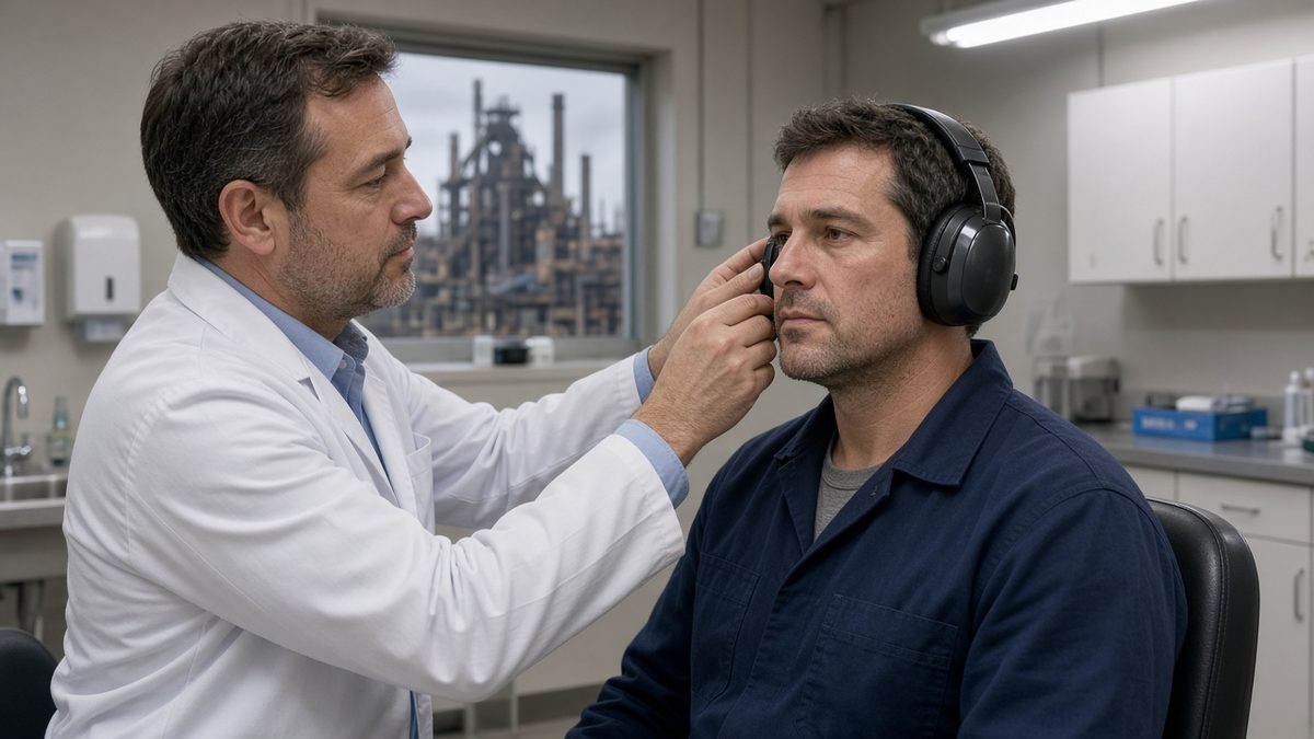 An industrial-medicine doctor fits hearing-protection muffs on a worker.