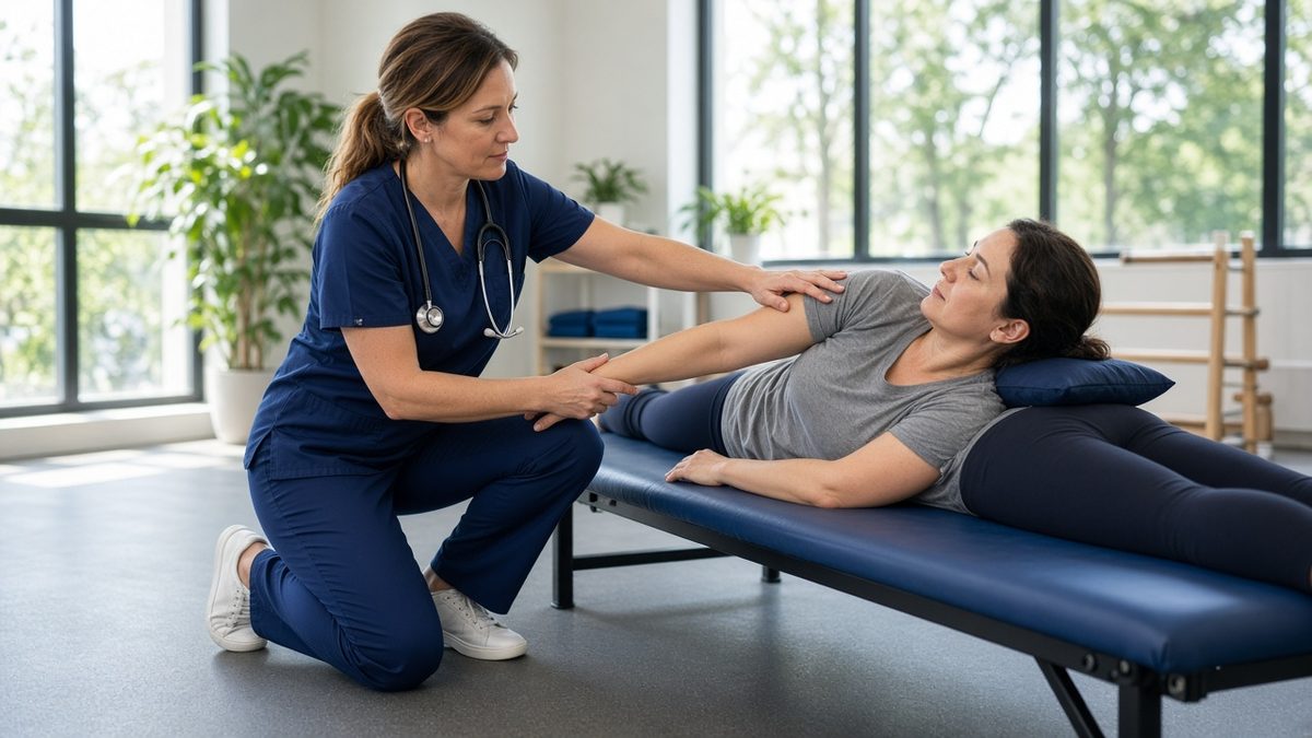 A doctor guides an adult patient's shoulder stretch on a therapy mat.