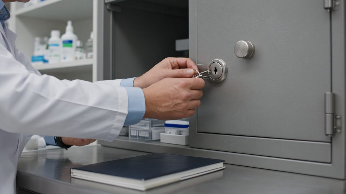 A physician unlocks a controlled-substance cabinet in a clinic med room.