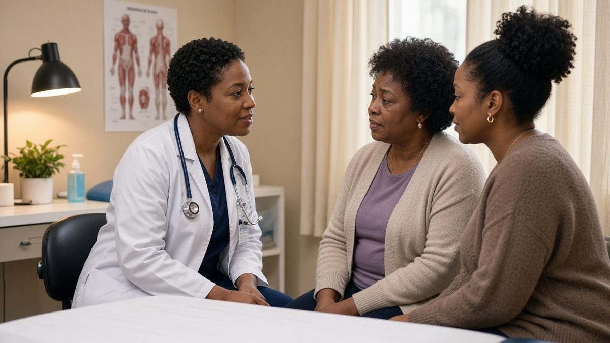 A physician consults with an adult patient and caregiver in an exam room.