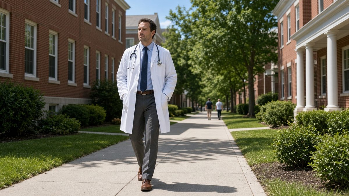 A doctor walks between brick campus clinic buildings with a stethoscope.