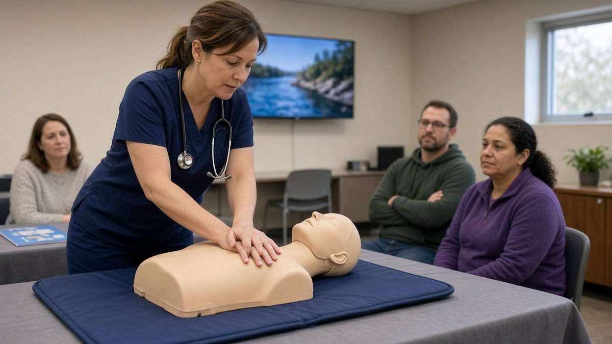 A clinician teaches CPR hand placement on an adult training mannequin.