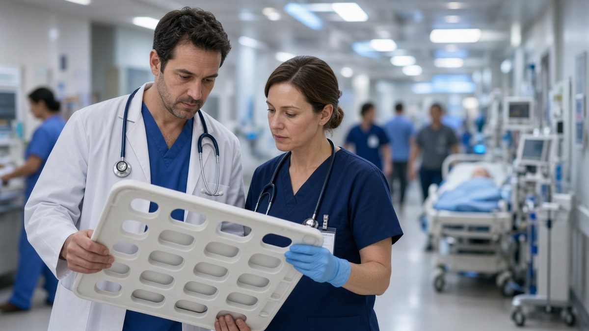 An ER physician reviews an empty trauma board with a nurse beside him.