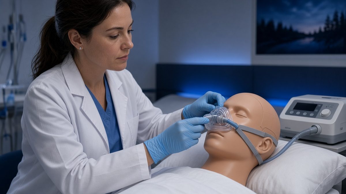 A doctor adjusts a CPAP mask on a demonstration head in a sleep clinic.