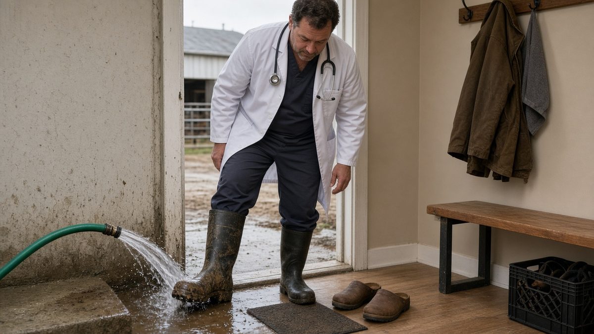A rural clinic doctor changes from farm boots to clinic clogs at a mudroom.