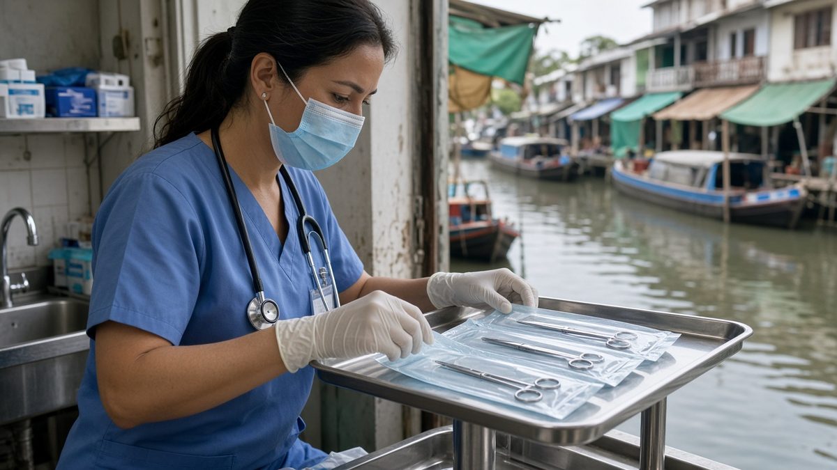 A physician inspects sealed sterile packs on a lighted Mayo stand.