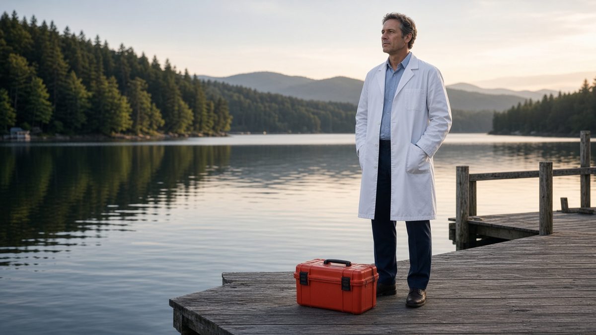 A doctor stands on a lakeside clinic pier with a closed first-aid kit.