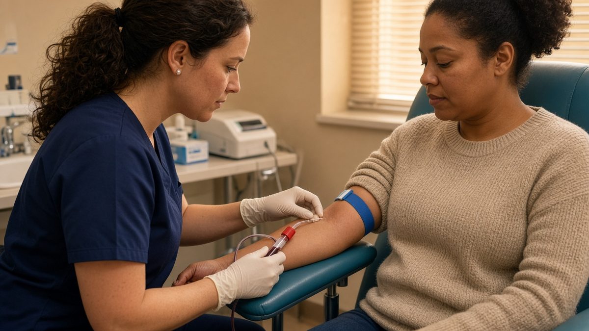 A clinician draws blood from an adult patient's arm into sealed tubes.