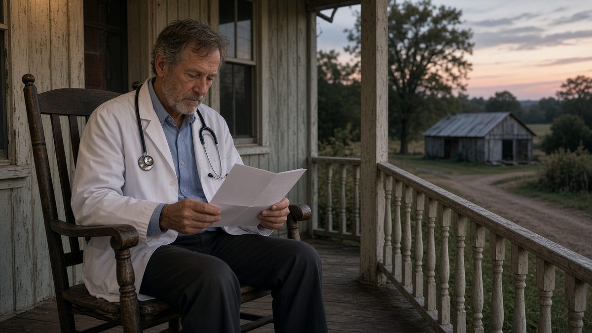 A small-town doctor sits on a porch rocker with blank folded notes.