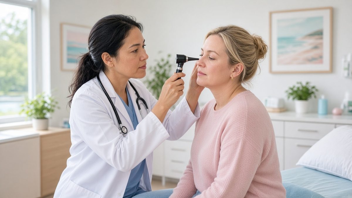 A doctor checks an adult patient's ear with an otoscope in a bright clinic.