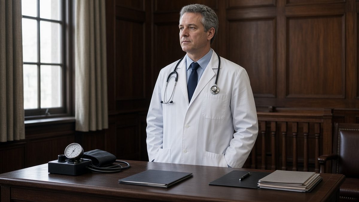 A physician stands at a medical evaluation desk with a blood-pressure cuff.