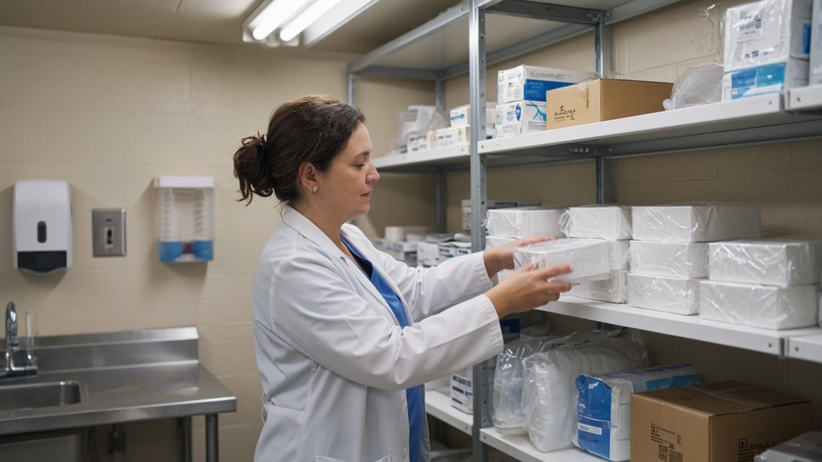 A doctor restocks sealed gauze boxes on open clinic supply shelves.
