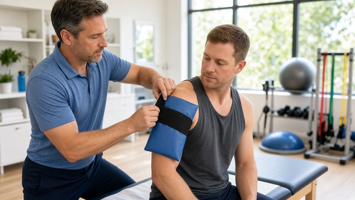 A sports clinic doctor ices an adult patient's shoulder with a cold pack.