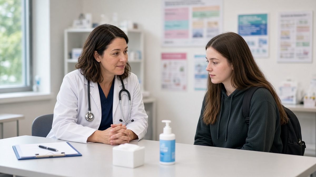 A campus health doctor speaks with an adult student across a consult table.