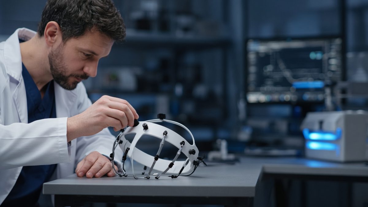 A clinician adjusts a blank EEG headset resting on a lab table.