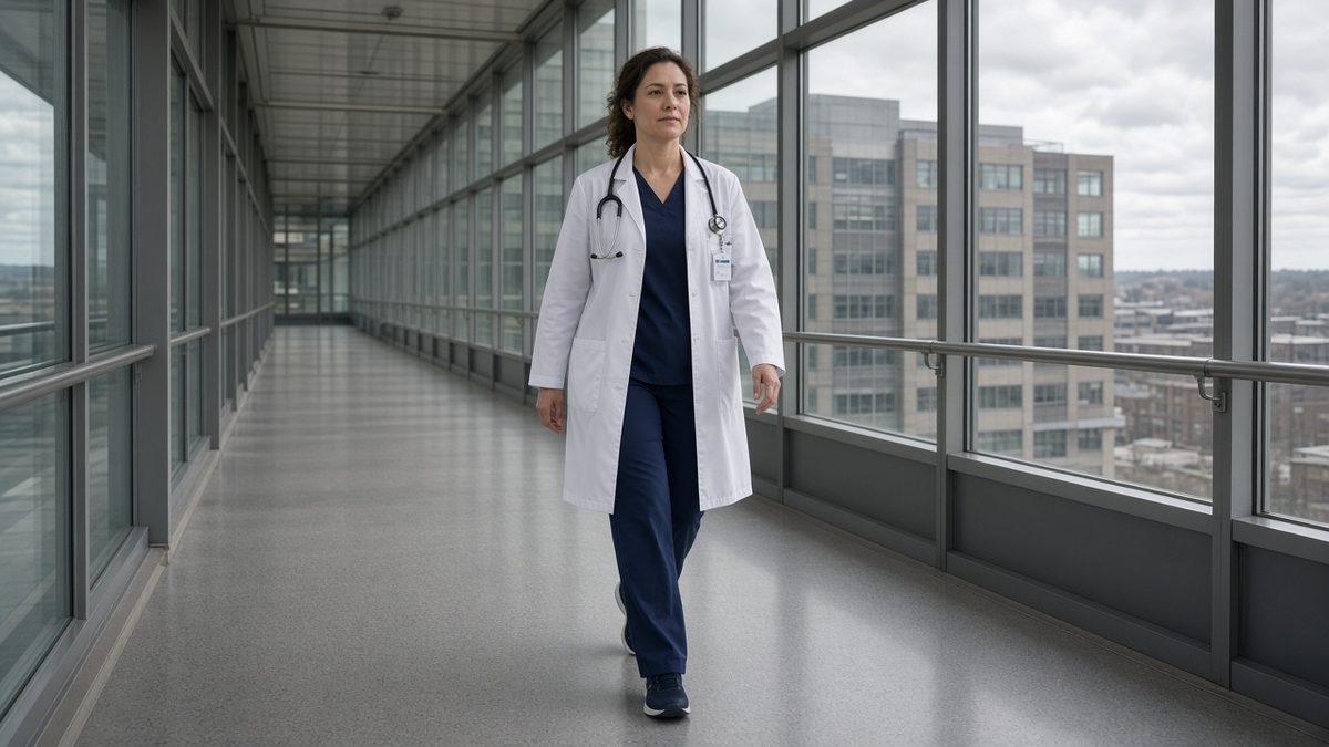 A hospitalist walks a glass skybridge between hospital towers.