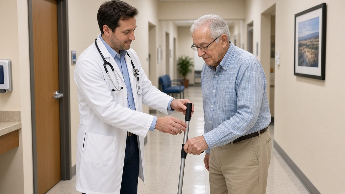 A doctor adjusts a cane's height for an elderly adult patient.