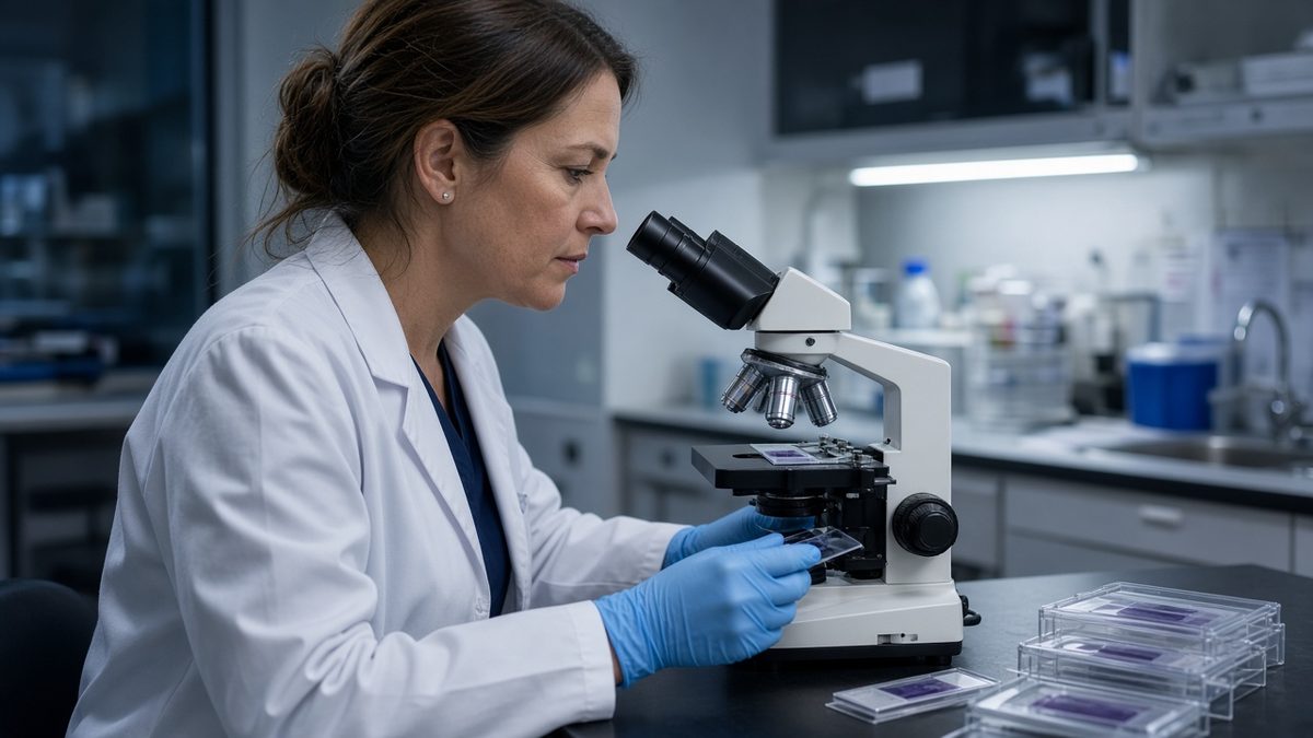 A physician reviews sealed pathology slides under a microscope.