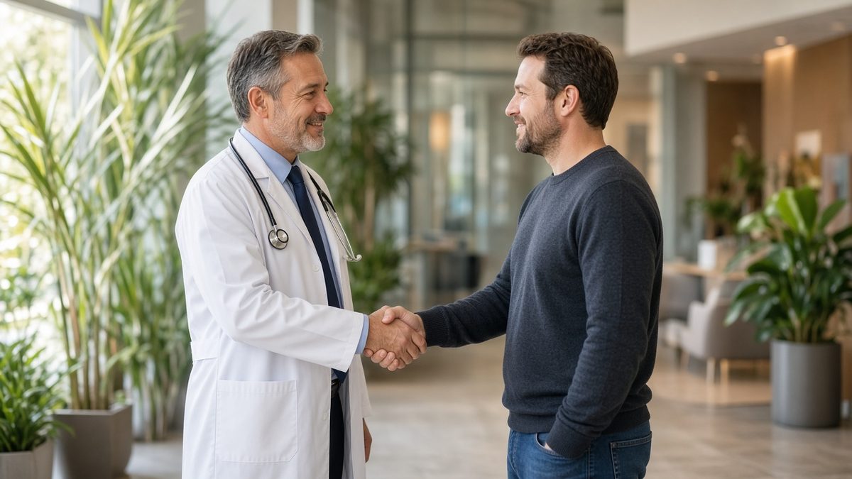 A doctor greets an adult patient with a handshake in a specialty lobby.