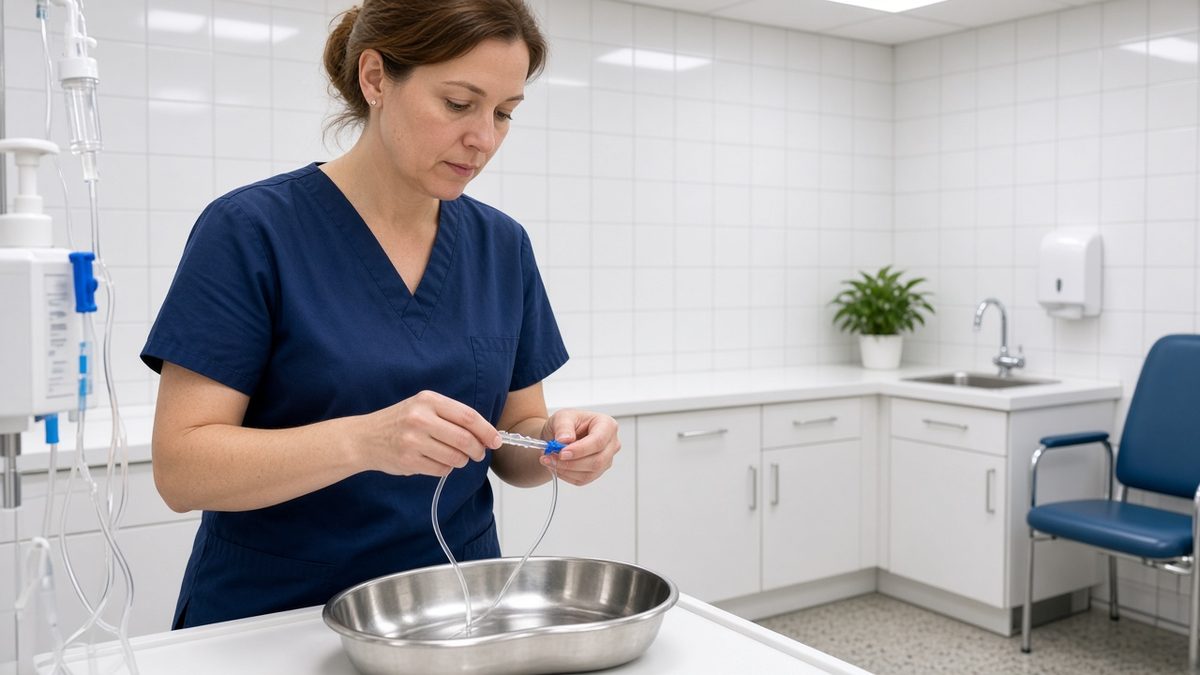 A clinician primes a sealed IV line over a kidney basin.