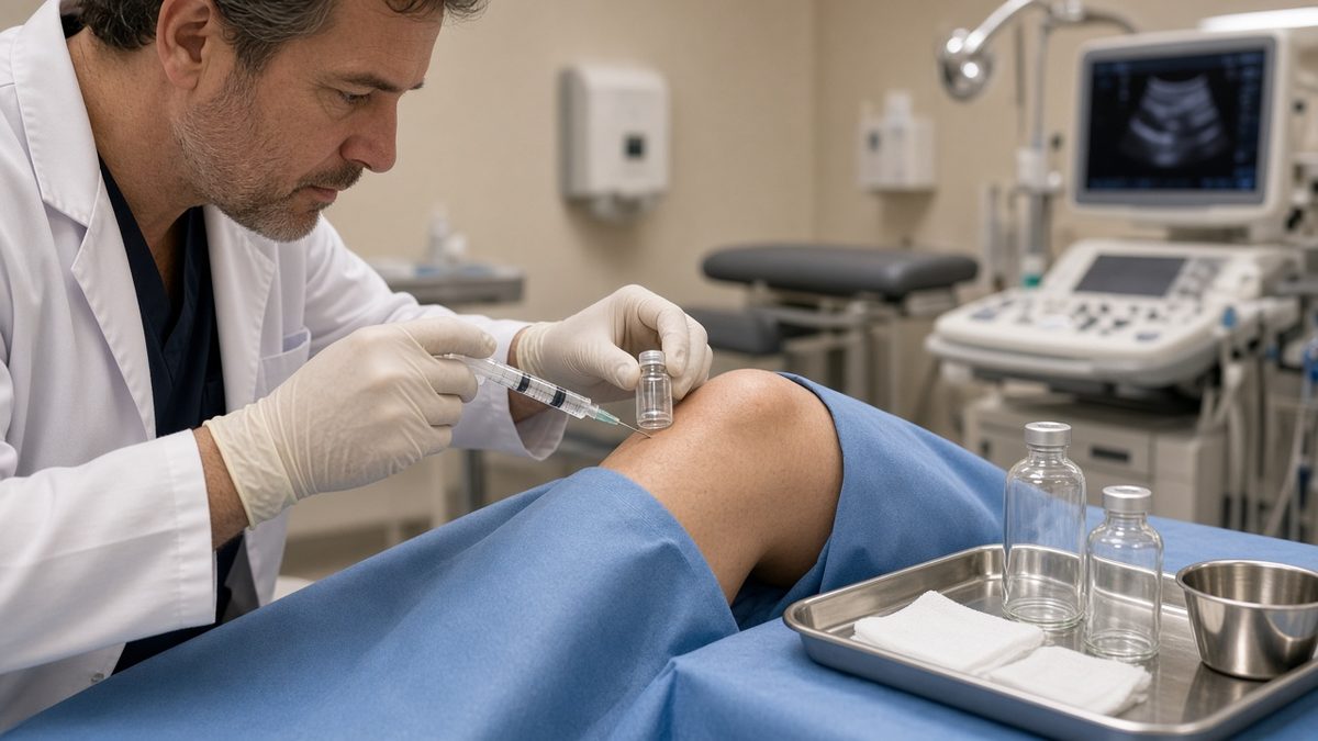 A doctor prepares a sterile knee procedure on a draped adult patient.