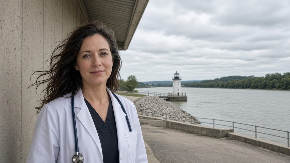 A physician stands under a clinic awning in windy river-town light.