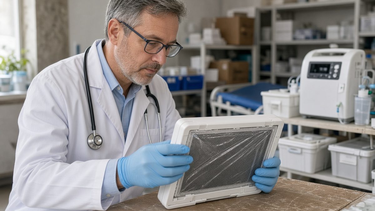 A doctor checks an oxygen concentrator filter in a home-health staging room.