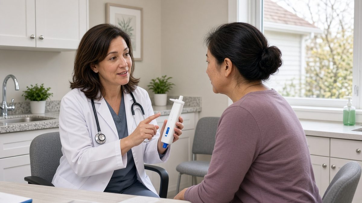 A family doctor shows a patient how to use a peak-flow meter.
