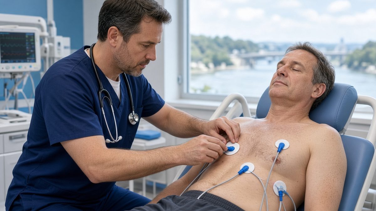 A cardiologist adjusts ECG leads on a patient's chest for a stress test.