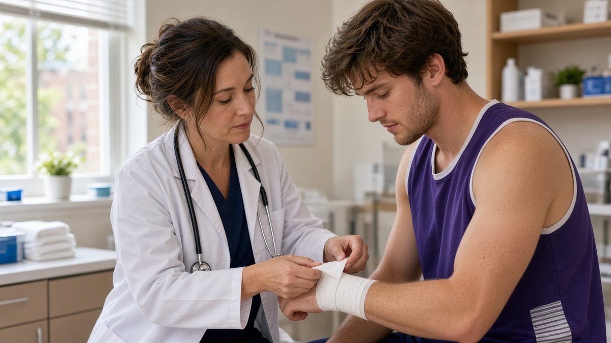 A campus doctor bandages an adult athlete's wrist in a college clinic.