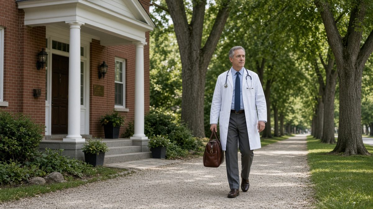 A physician walks from a historic house-clinic with a leather medical bag.