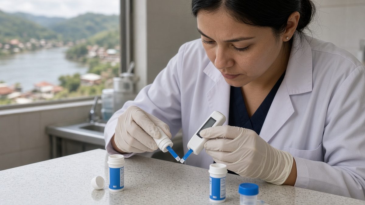 A clinician tests glucometer strips with control solution on a clinic counter.