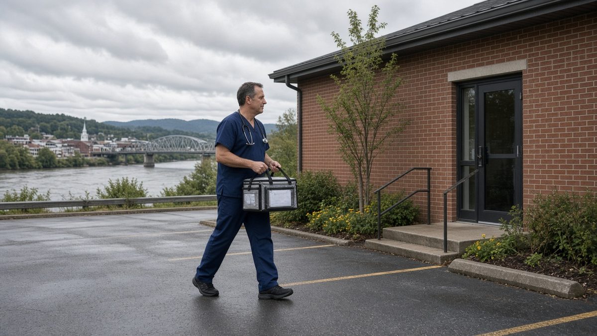 A doctor carries a sealed medication tote across a clinic parking lot.