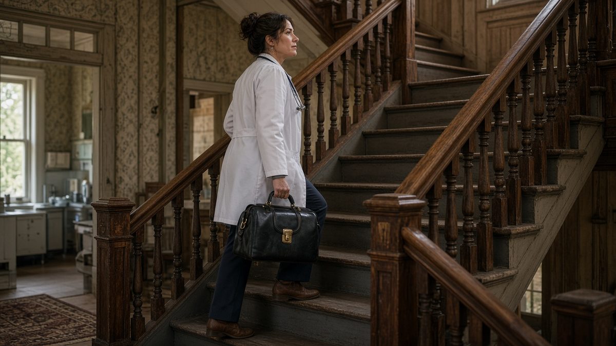 A rural physician climbs wooden stairs inside a converted Victorian clinic.