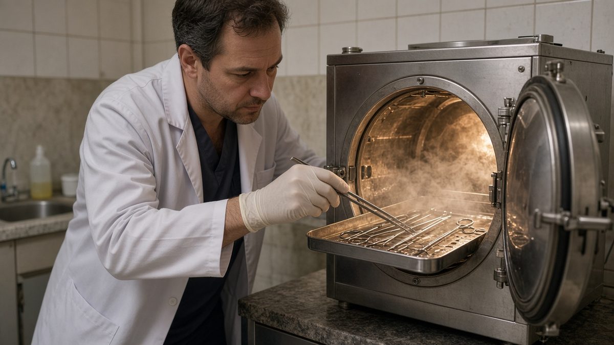 A doctor loads gleaming forceps into an open autoclave chamber.