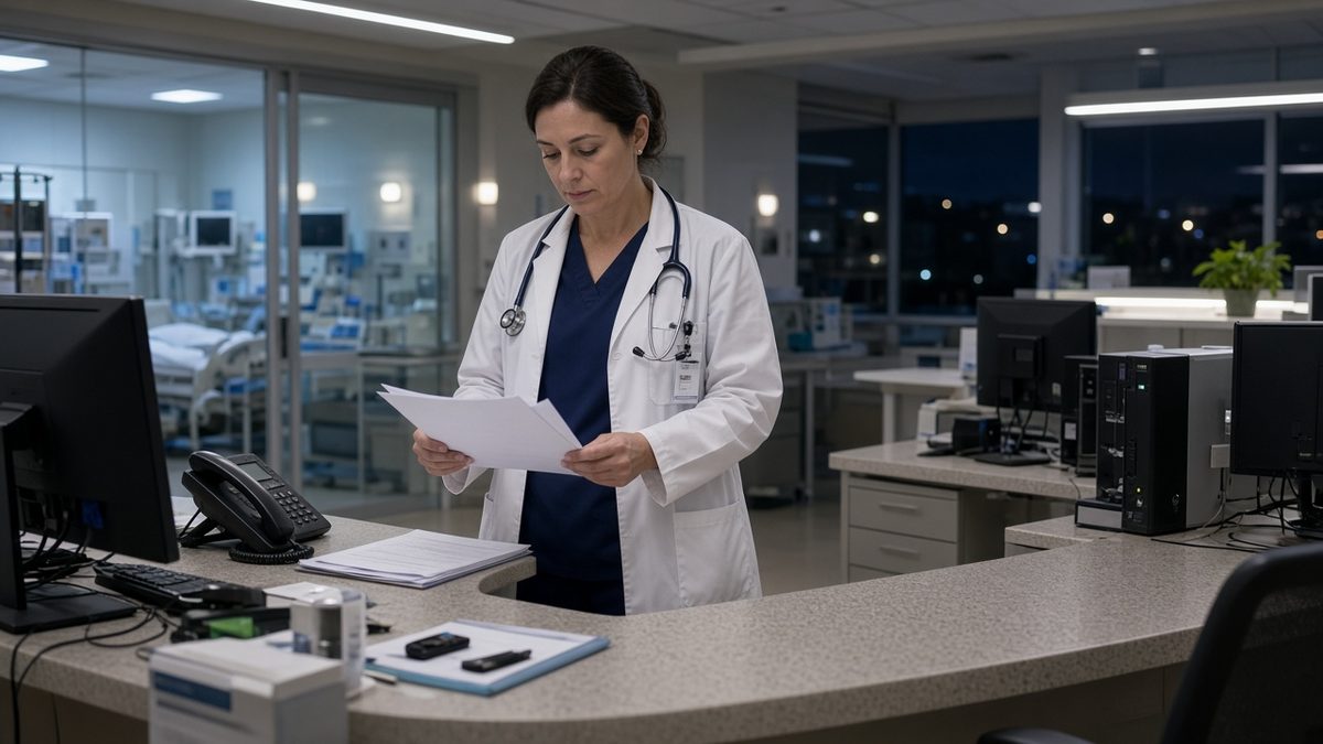 A hospitalist stands at a nurses' station with blank vital-sign printouts.