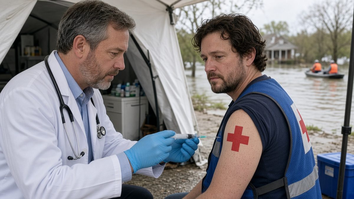 A doctor prepares a sealed syringe at the edge of a mobile clinic tent.