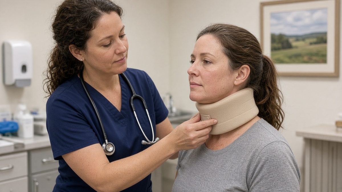A clinician fits an adult patient with a soft cervical collar.