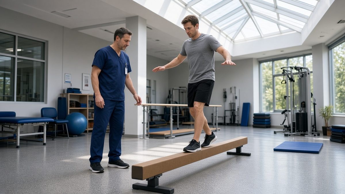 A campus doctor guides a student through a balance-beam therapy exercise.