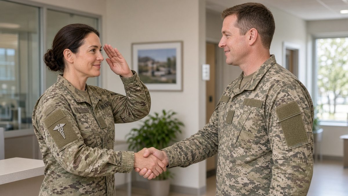 A clinic physician shakes hands with an adult service-member patient.
