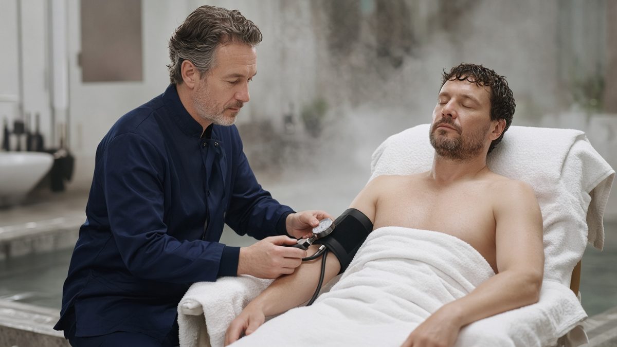 A doctor checks blood pressure after a hydrotherapy session.