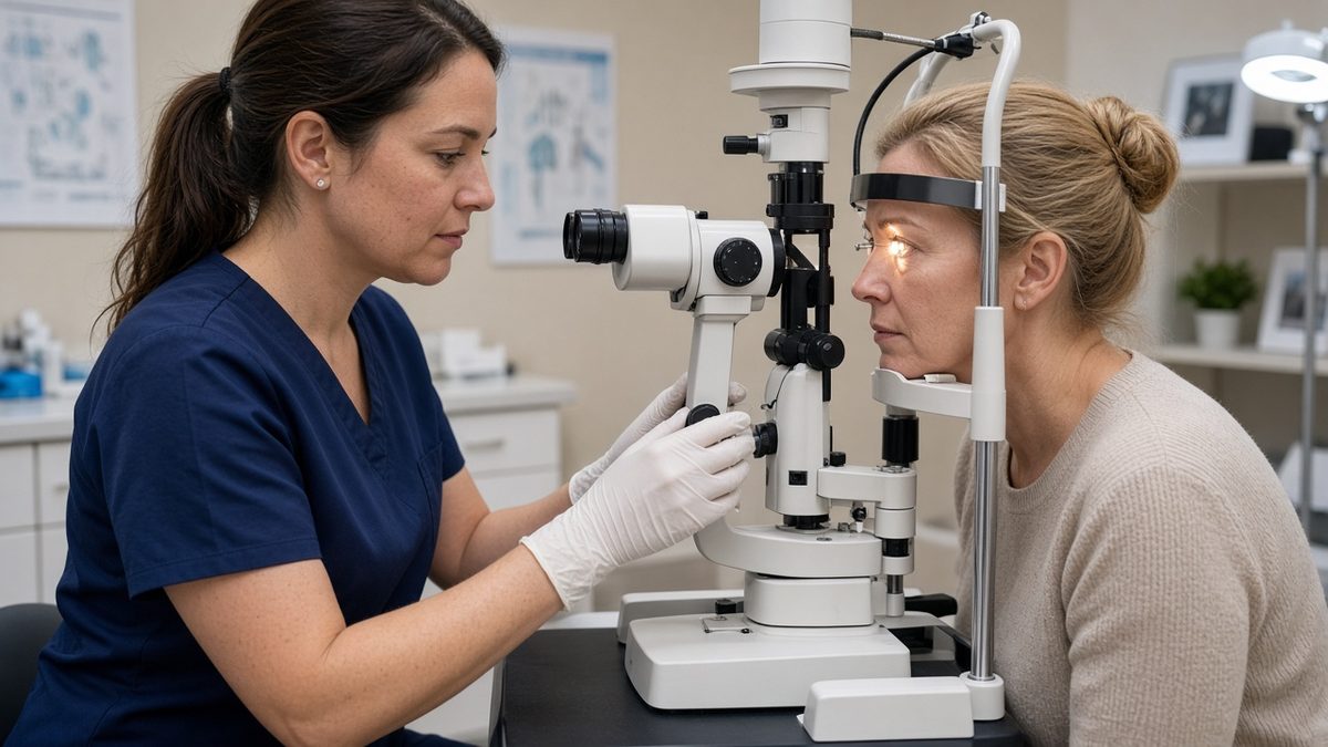 A clinician aligns a slit-lamp for an adult patient's eye exam.
